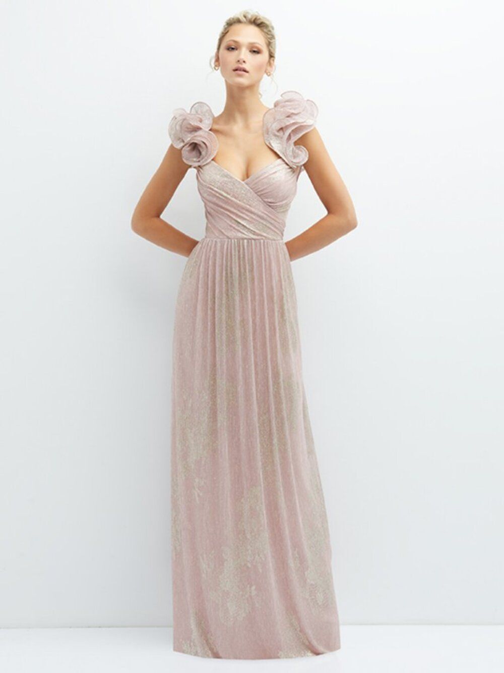 Dessy Long Pink & Gold Floral Metallic Bridesmaid Formal Dress Ruffle Sleeve